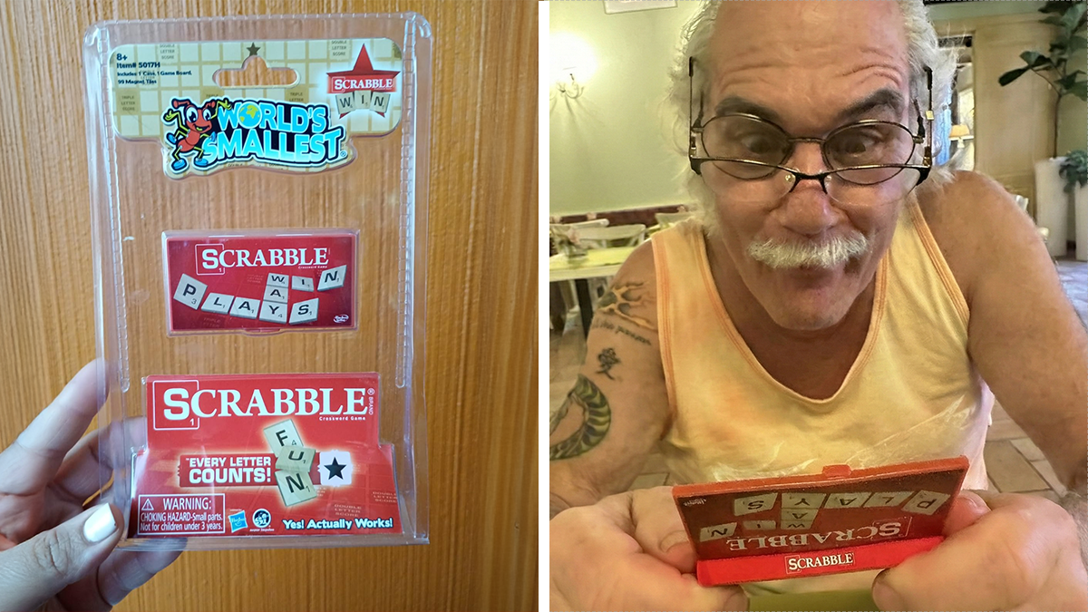 Mini Scrabble game packaging and a man playing the world's smallest Scrabble, a perfect small stocking stuffer gift idea.