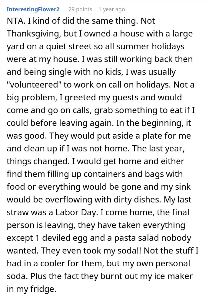 Screenshot of a forum comment describing frustrations with Thanksgiving host left with empty fridge when family clears leftovers.