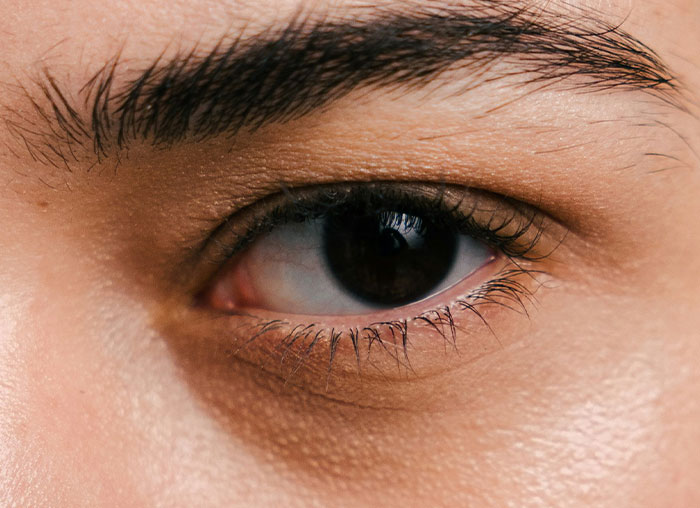 Close-up of human eye and eyebrow highlighting unique features of the human body related to the mammalian dive reflex.