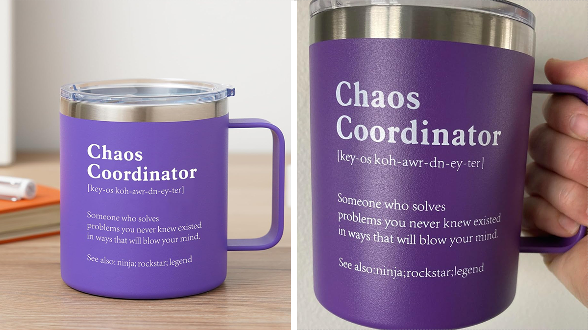 Purple coffee mug with handle labeled Chaos Coordinator, a perfect gift for the patient teacher with a caffeine a*******n.