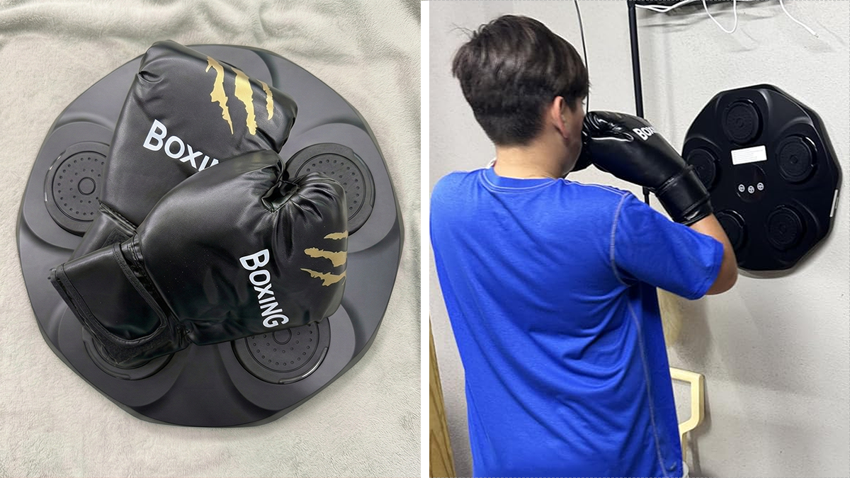 Boxing gloves and a teen practicing punches on an electronic boxing pad, popular gifts teens are begging for this year.