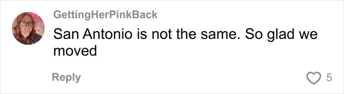 Comment from user GettingHerPinkBack expressing relief about moving from San Antonio, related to teen pepper-spraying tourists on a boat incident.