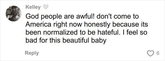Comment expressing concern about hateful behavior in America and sympathy for a baby amid harsh societal attitudes.