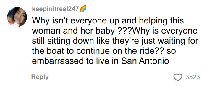 TikTok comment expressing frustration over bystanders not helping a woman and baby during a boat incident involving tourists.