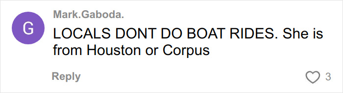 Comment reading: Locals don't do boat rides, and mention of a teen pepper-spraying tourists on a boat incident.