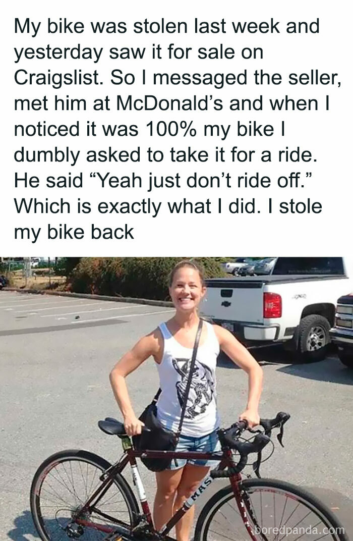 Woman smiling while holding her bike after an awkward but funny attempt to steal it back from a seller. Woman smiling while holding her bike after an awkward but funny attempt to steal it back from a seller.
