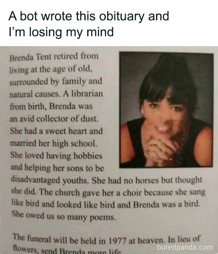 Funny and awkward obituary written by a bot, showing an attempt that didn’t go as expected with humorous errors. Funny and awkward obituary written by a bot, showing an attempt that didn’t go as expected with humorous errors.