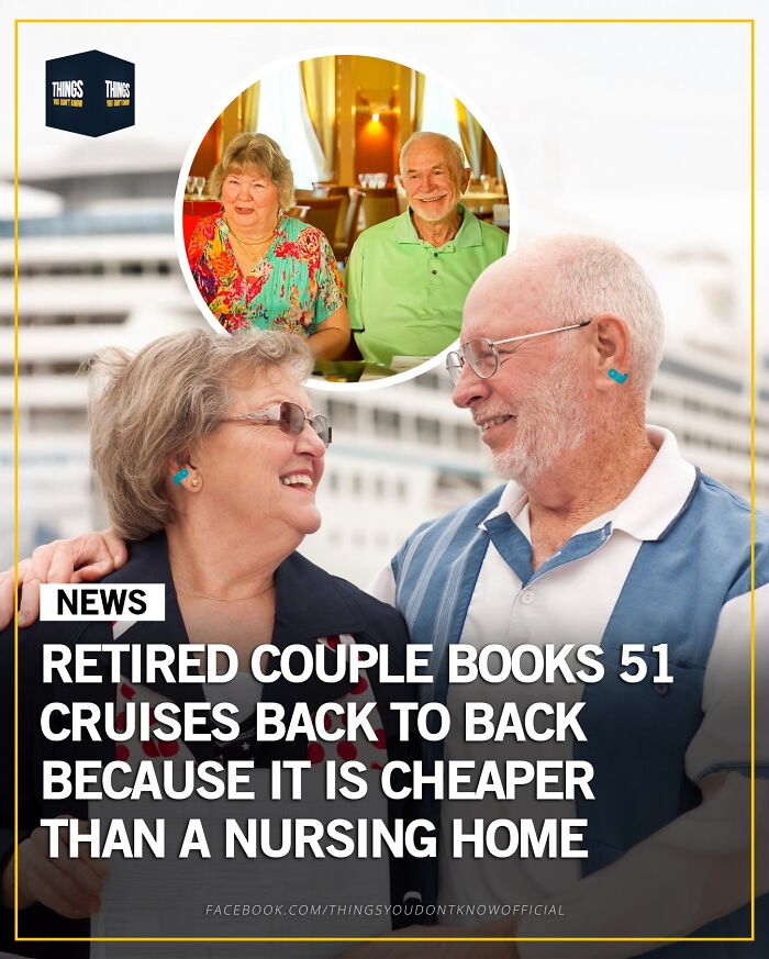 Retired couple smiling on cruise ship, sharing compelling facts and stories perfect for conversation starters at dinner parties.