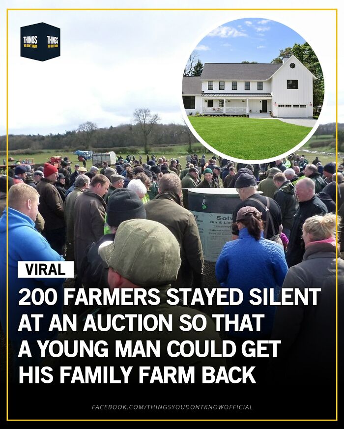 A large group of farmers gathered silently at an auction, a compelling fact ideal for conversation starters.