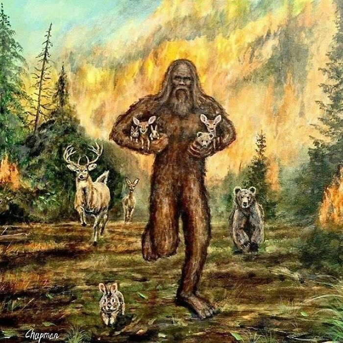 Painting of a bizarre creature carrying animals with deer, bear, and rabbit in a forest showing surreal thrift store finds.