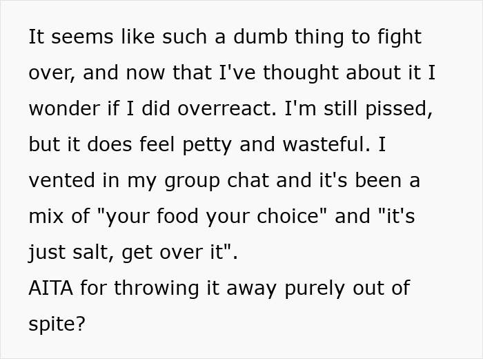 Text showing a person reflecting on the petty fight over salting the pot of chili and questioning if they overreacted.