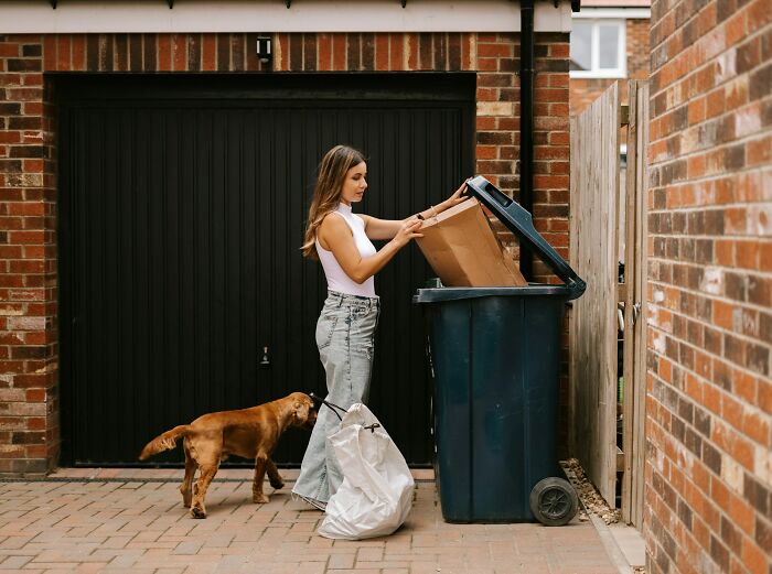 Woman disposing of cardboard in a bin while a dog sniffs a white bag, illustrating disturbing facts people learned against their will.