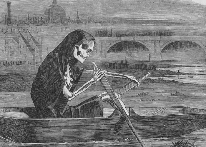 Skeleton in a cloak rowing a boat on a river with a city and bridge in the background, vintage engraving style.