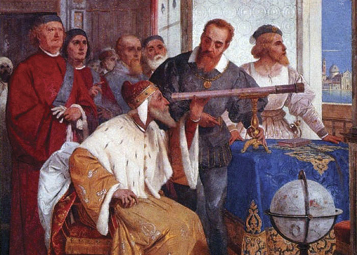 Historical scholars examining a telescope in a room with a globe, illustrating interesting today I learned facts concept.