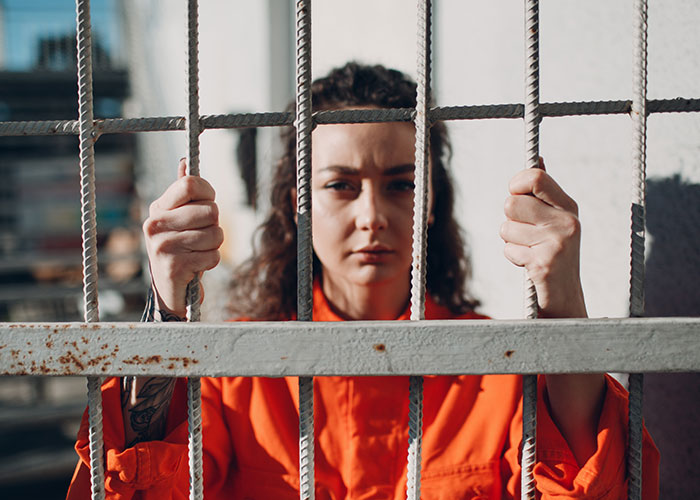 Woman in orange prison uniform gripping metal bars, illustrating a compelling today I learned fact about confinement and justice.