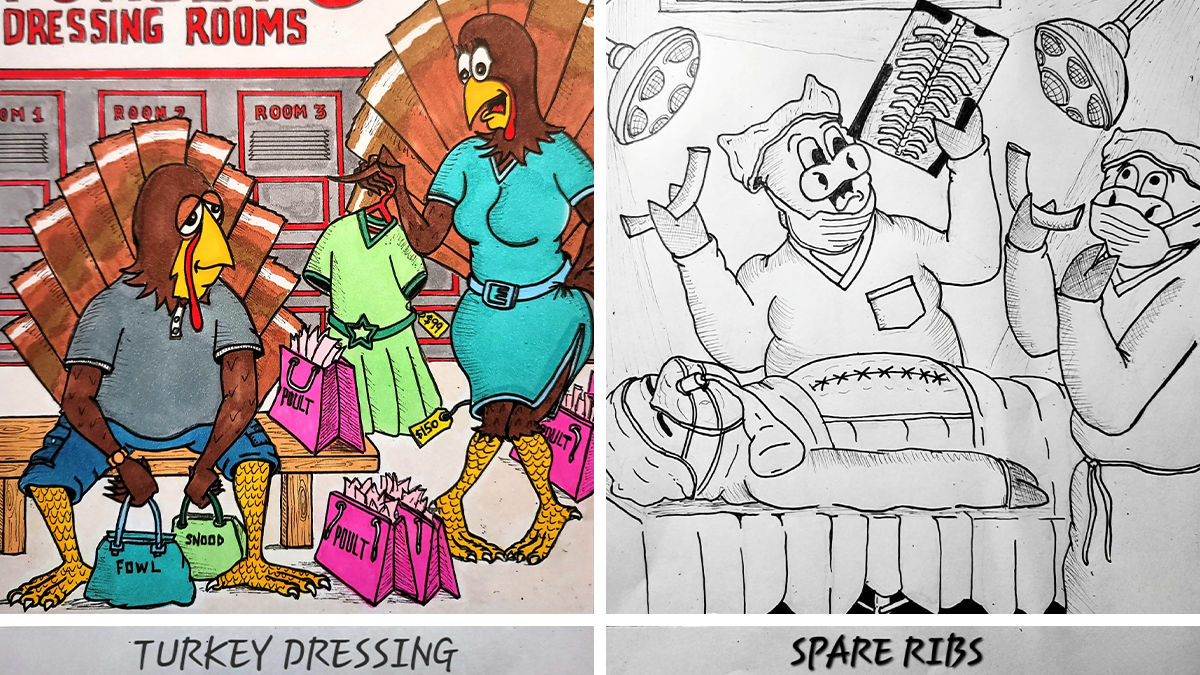 Two humorous comics featuring anthropomorphic turkeys in dressing rooms and a surgical scene with ribs, showcasing hilarious comics.