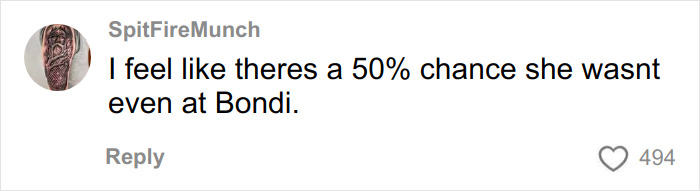 Screenshot of a social media comment expressing doubt about presence at Bondi related to single mom's GoFundMe controversy. Screenshot of a social media comment expressing doubt about presence at Bondi related to single mom's GoFundMe controversy.