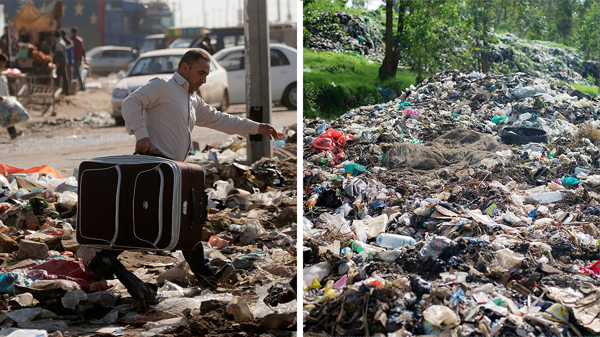 Man walking with suitcase through trash-strewn street near large piles of garbage representing pollution rankings in dirty countries