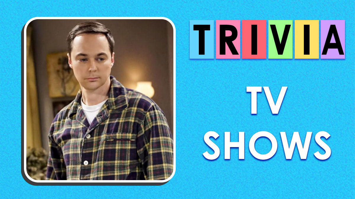 Man in plaid shirt next to colorful trivia letters and bold text saying TV shows on blue background for couch potato quiz