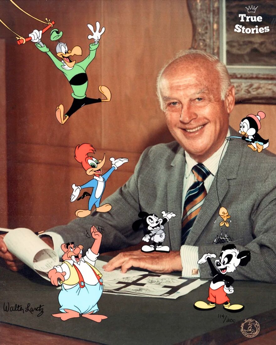 Smiling important American personality seated at desk surrounded by classic cartoon characters and animation sketches.