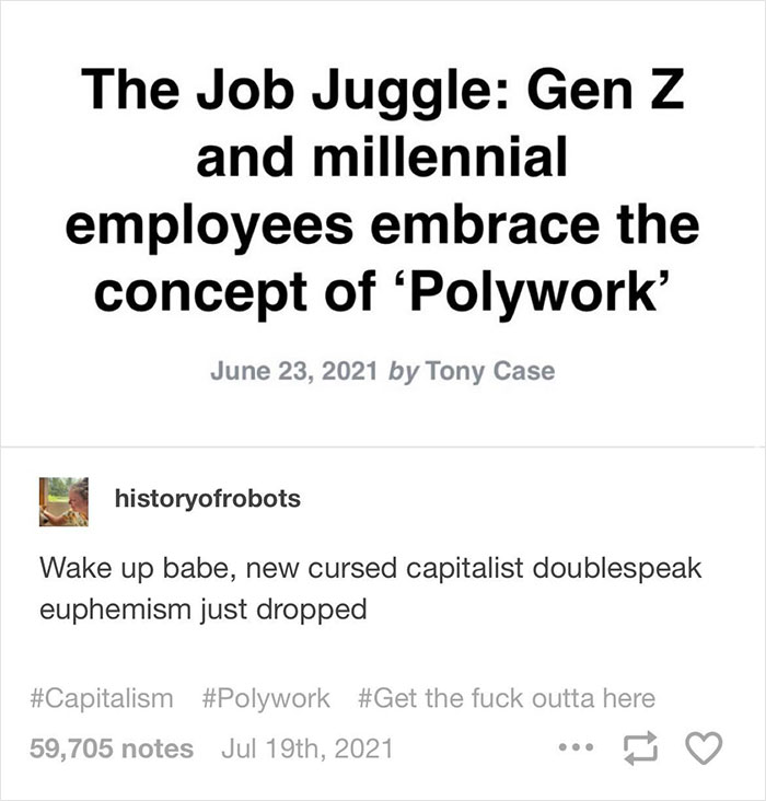 Screenshot of a social media post discussing Gen Z and millennial employees embracing polywork amid sad dystopian job trends.