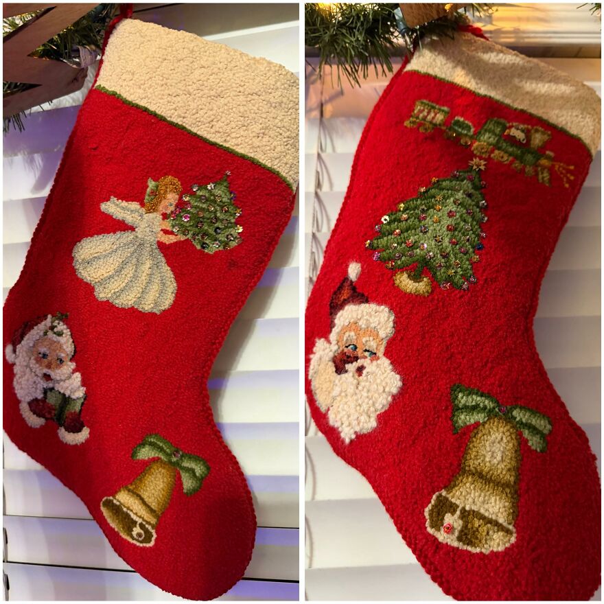 Red vintage Christmas stockings with embroidered Santa, angel, Christmas tree, and bells for nostalgic vintage Christmas decorations.