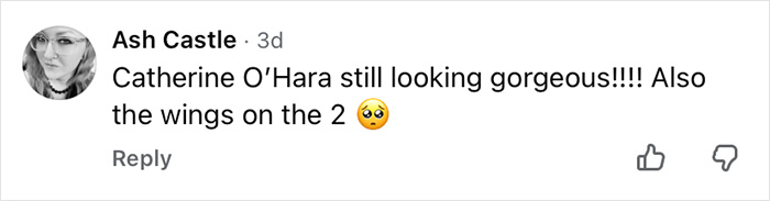 Social media comment praising Catherine O&rsquo;Hara&rsquo;s appearance and referencing the viral then-and-now Home Alone video.