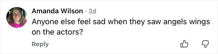 Comment from Amanda Wilson expressing sadness about seeing angel wings on Home Alone actors in a viral then-and-now video.