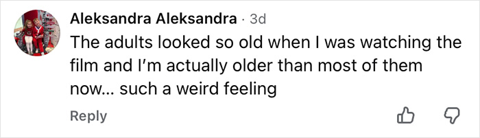 Screenshot of a social media comment reflecting on feeling old while watching a Then-And-Now Home Alone video.