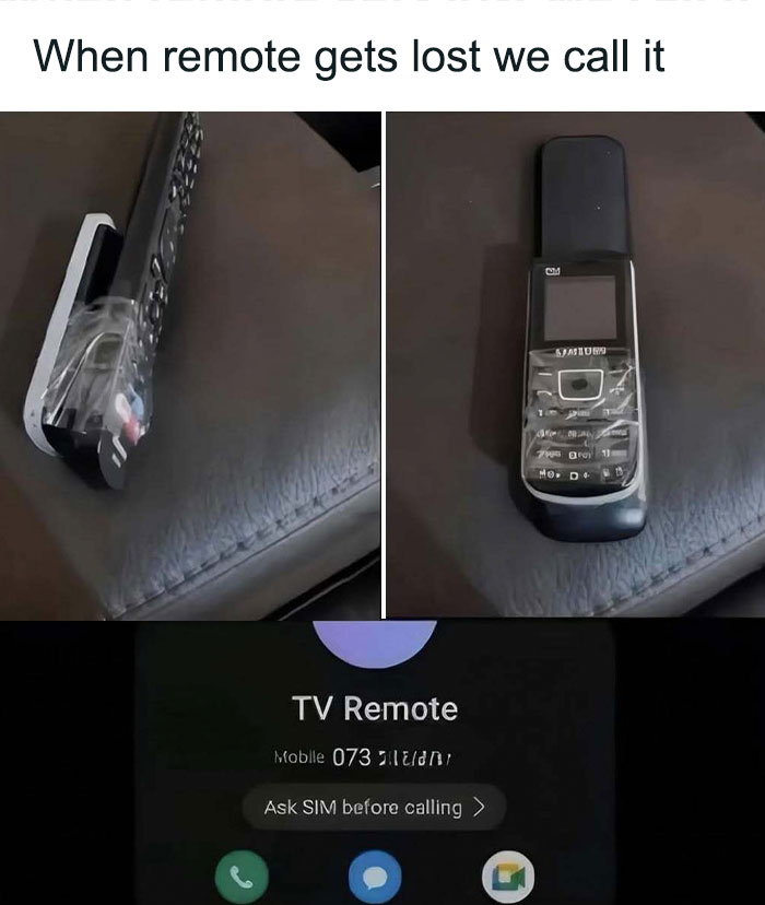 A handmade phone remote taped together with a call screen labeled TV Remote, showcasing hilarious Know Your Meme humor.