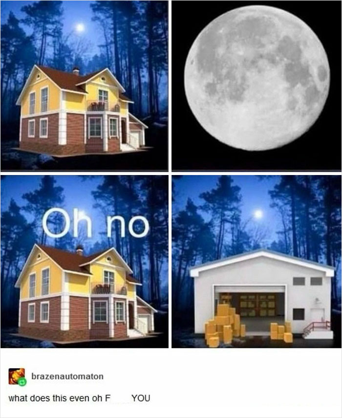 Meme collage showing a moon, house, warehouse, and a humorous reaction, illustrating popular Know Your Meme content.