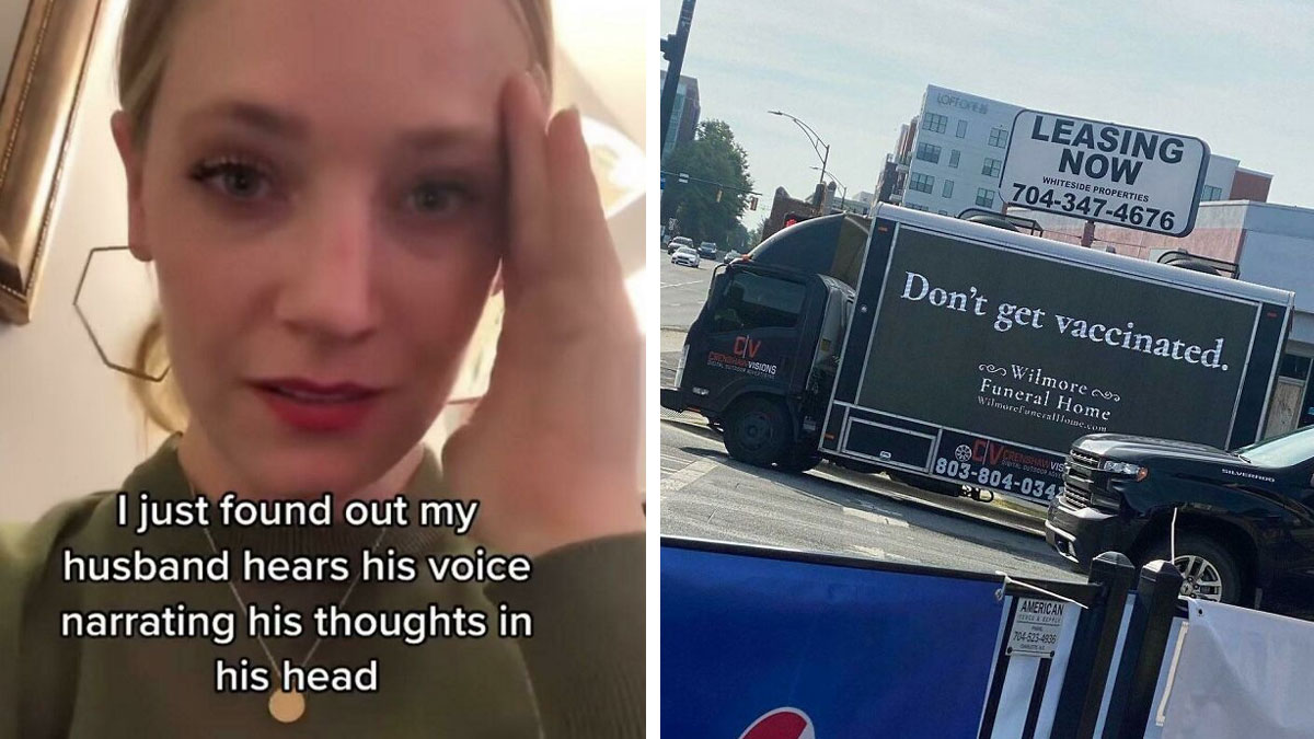 Woman reacting with surprise in a viral post paired with a funeral home truck using humor to catch attention and evoke laughs.