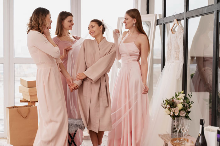 Bride and bridesmaids in pink dresses preparing for wedding night, with wedding gown and floral bouquet nearby.