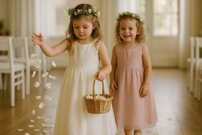 Two flower girls in dresses and flower crowns at a wedding, capturing an uninvited guest moment on wedding night.