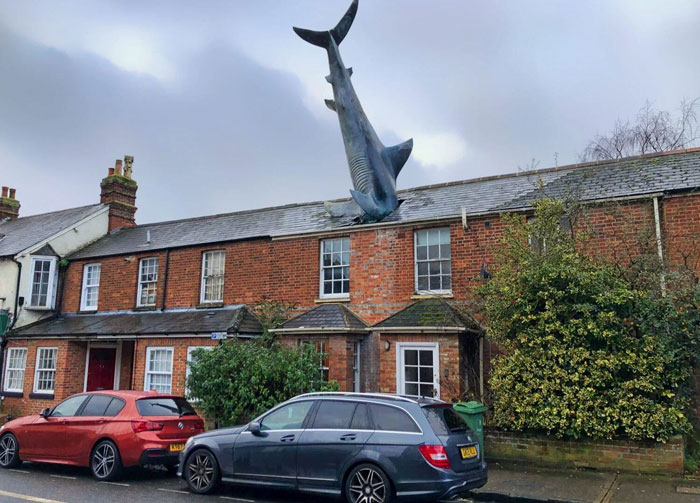 Building with a large shark sculpture on the roof, an example of one of the weirdest buildings from around the world.