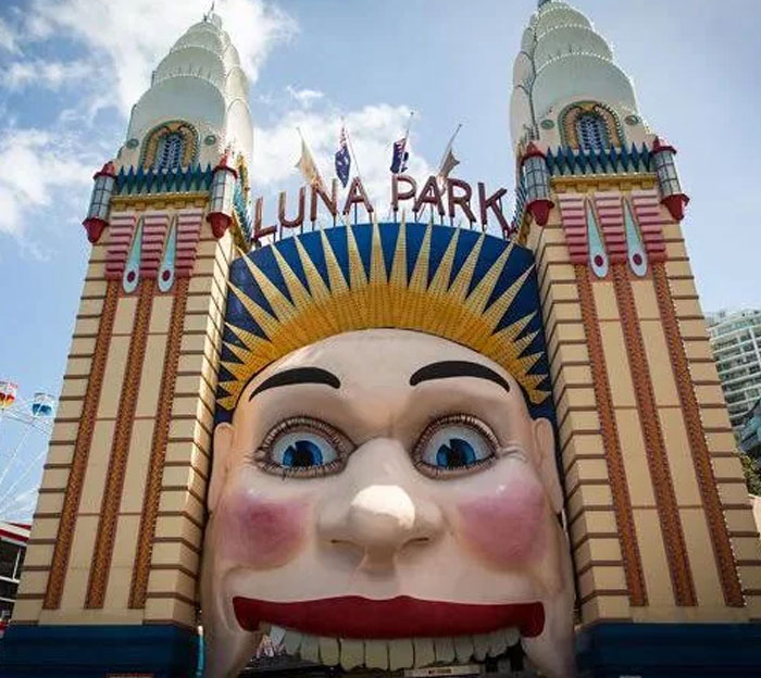 Luna Park entrance with giant face design, an example of unique and weird bread-shaped bread factory architecture worldwide.