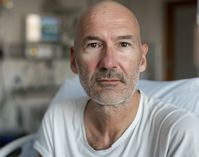 Middle-aged man in hospital bed with serious expression, related to DNA tests revealing shocking family information.