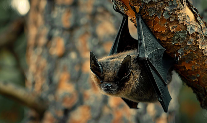 Close-up of a bat hanging from a tree trunk, illustrating strange excuses for missing work involving unexpected animal behavior.