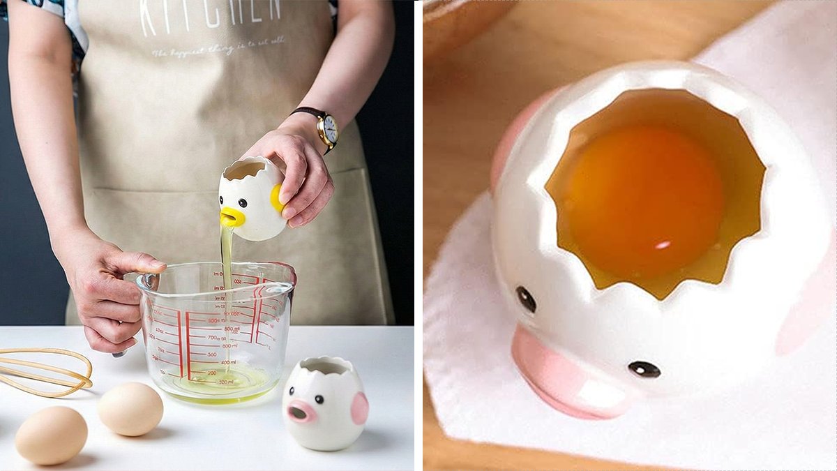 Person using a white egg separator shaped like a duck cracking eggs for white elephant gifts kitchen tool.