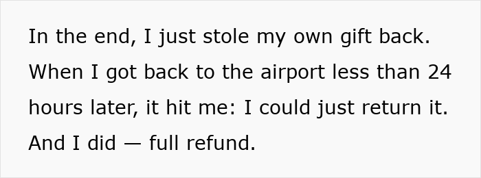 Text describing a man explaining how he stole his own white elephant gift and got a full refund within 24 hours. Text describing a man explaining how he stole his own white elephant gift and got a full refund within 24 hours.