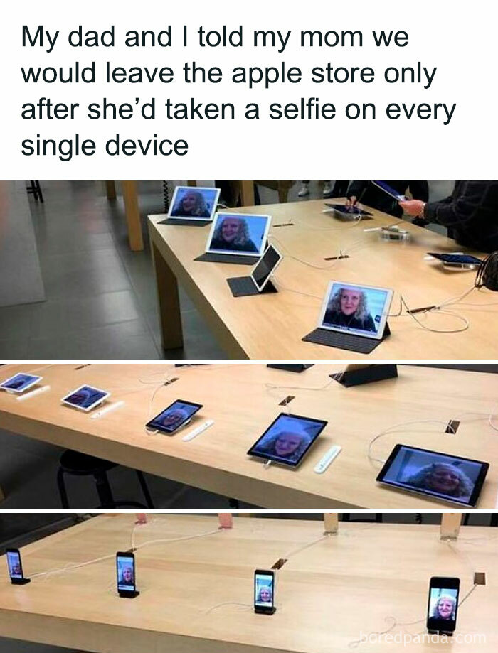 Humorous meme showing multiple Apple devices with selfies, illustrating cheerful memes about wasting time online.