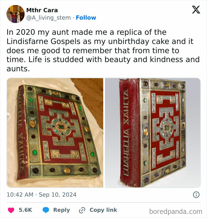 Replica of the Lindisfarne Gospels cake decorated with jewels, celebrating beauty, kindness, and thoughtful aunts.