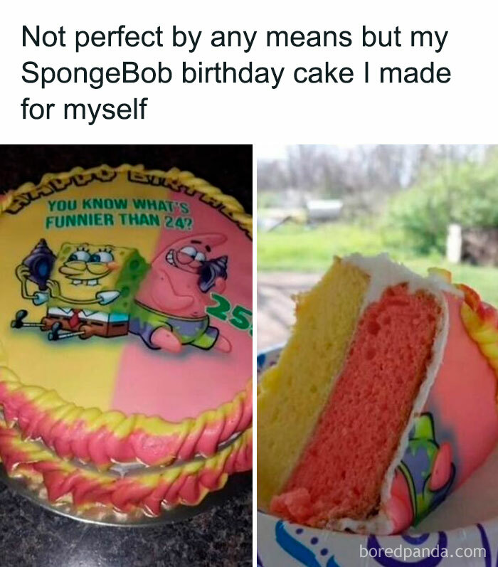 SpongeBob birthday cake with colorful icing and meme humor, part of cheerful memes about wasting time online.