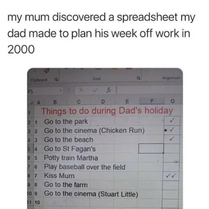 Old spreadsheet of wholesome plans for a dad's holiday, capturing sweet family moments to cleanse your feed.