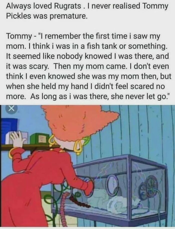 Screenshot from Rugrats with heartfelt quote about Tommy Pickles feeling safe when his mom held his hand, sweet wholesome moment.