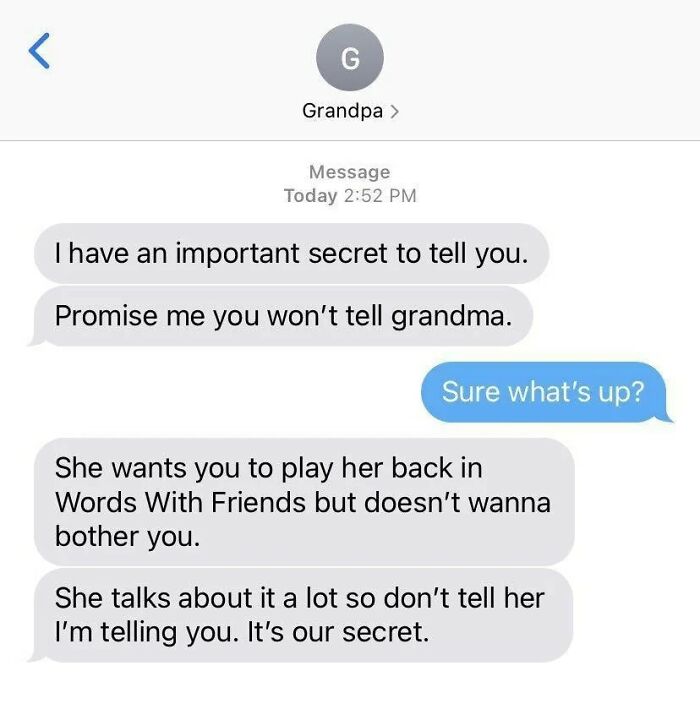 Text message conversation showing a sweet and wholesome secret between grandpa and grandchild about playing Words With Friends.