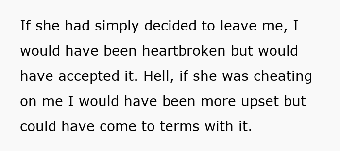 Text excerpt about wife of 10 years denying cheating while leaving husband, affecting his reputation and trust. Text excerpt about wife of 10 years denying cheating while leaving husband, affecting his reputation and trust.