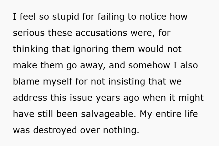 Alt text: Emotional message about accusations and ruined reputation in a long-term marriage after false cheating claims. Alt text: Emotional message about accusations and ruined reputation in a long-term marriage after false cheating claims.