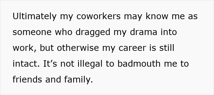 Text excerpt about coworkers knowing someone for personal drama but career remaining intact, highlighting reputation damage after wife leaves him. Text excerpt about coworkers knowing someone for personal drama but career remaining intact, highlighting reputation damage after wife leaves him.