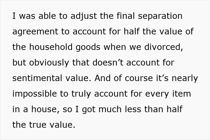 Text excerpt discussing adjusting a separation agreement and the challenges of valuing household goods after divorce and reputation affects.
